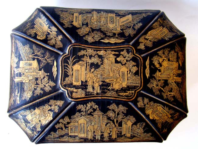 A fine large 19th century Chinese black and gold lacquer sewing box loaded with the original period accessories — image 3